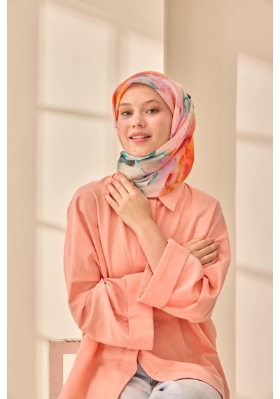 Silk Home Olinda İpek Eşarp 47004-12 Gümüş, Turkuaz, Petrol Mavi, Turuncu, Lila