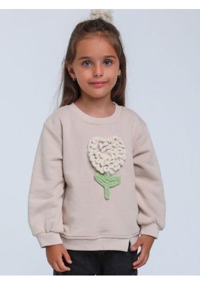 Kız Bebek Örgü Çiçek Detaylı Sweathirt-14304 Bej