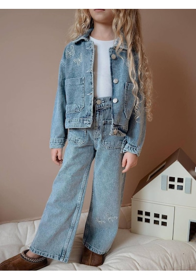 Miniko Kids Kız Çocuk Bayramlık Kot Ceketli Badili Pantolonlu 3lü Takım Mavi