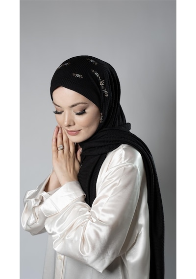 Hürrem Bone Siyah Pratik Hazır Geçmeli Tesettür Şal Örme Kumaş Taşlı Çiçek Desenli 2118c 01