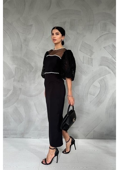 Elbee Fashion Woman Kolları Dantelli İnci Detaylı Elbise - Siyah-beyaz-7430 Siyah