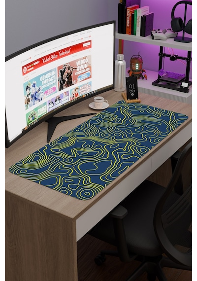 Sarı Lacivert 90x40 Xxl Taraftar Gaming Oyuncu Mouse Pad Kaymaz Taban Büyük Fare Altlığı Topography