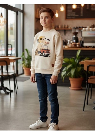 Zekids Erkek Çocuk Pamuklu Best Advn Yazılı İnce Uzun Kollu T-shirt-16342 KREM