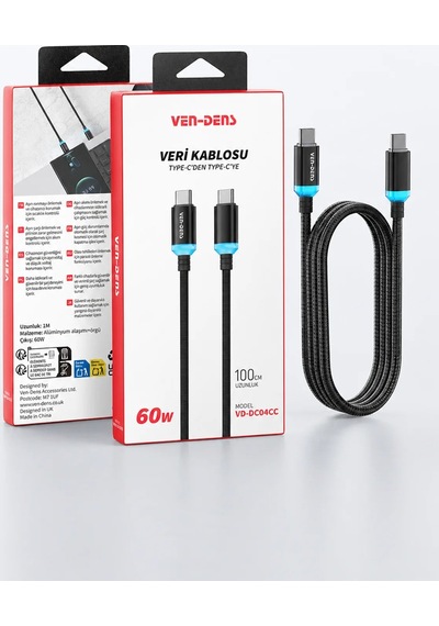 Ven-dens Vd-dc04cc 60 W Pd Type-c To Type-c Hızlı Şarj Ve Veri Kablosu, 1 Metre, Naylon Örgü, Siyah