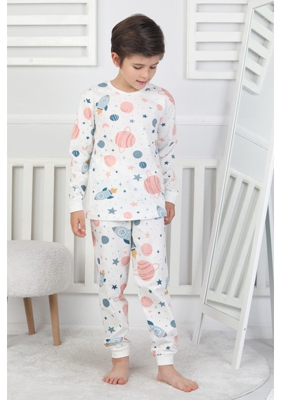 Bunny Hopp Unisex Çocuk Pijama Takımı %100 Pamuk Uzun Kollu Penye 3-8 Yaş Beyaz