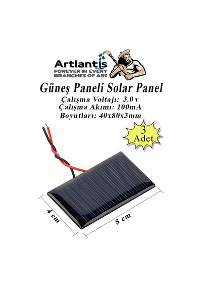 Güneş Paneli Solar Panel 8x4 Cm 3 Volt 100 Ma 3 Adet Güneş Enerjisi Okul Sınıf Deney Çalışmaları 80x40 Mm