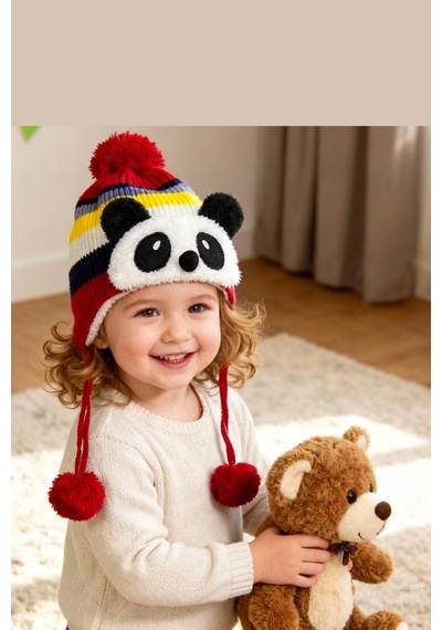 Bay Şapkacı - Sevimli Panda Tasarımlı Unisex Çocuk Kışlık Bere - 5900 Kırmızı