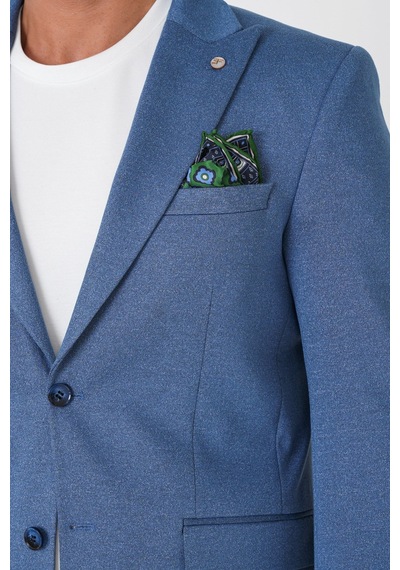 Slim Fit Sivri Yaka Çift Yırtmaçlı Esnek Yünlü İndigo Ceket C 746 Indıgo