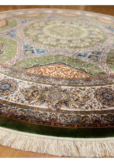 Klasik Yıldız Desenli 300 X 300 Yuvarlak İpek Halı Yeşil