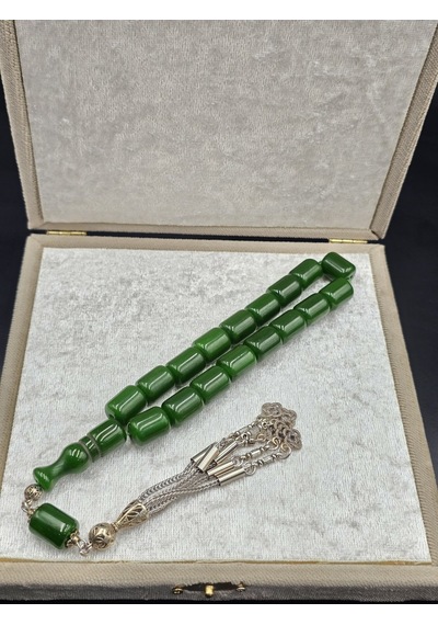 Osmanlı Benzetme Çubuk Sıkma Kehribar Tespih Efe Boy 17 Habbe 11x14 Mm Yeşil Gümüş