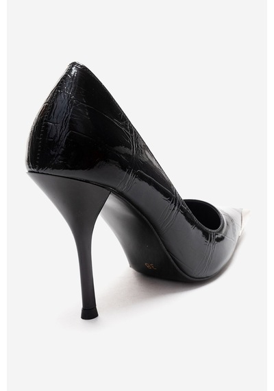 Luvishoes Alvena Siyah Baskı Önü Metal Detaylı Kadın Topuklu Ayakkabı Siyah