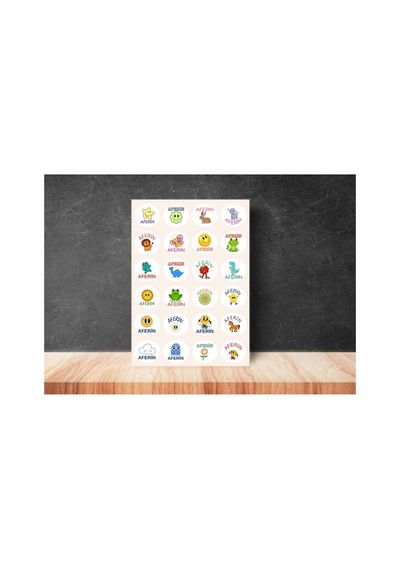 Karışık Aferin Okul Kurs Ödül Etiketi Yuvarlak Mat Çıkartma Round Reward Sticker 4 Cm 120 Adet Çok Renkli