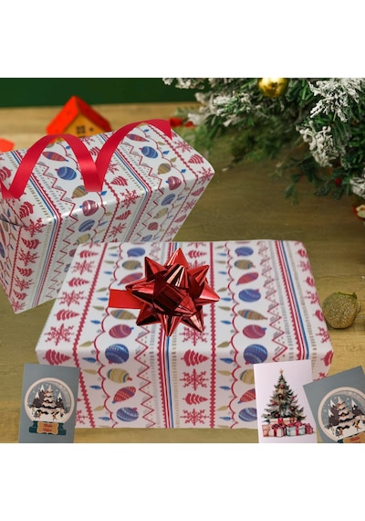 İtalyan Hediye Paketleme Kağıdı, Kar, Çam, Küre Desenli Ambalaj K