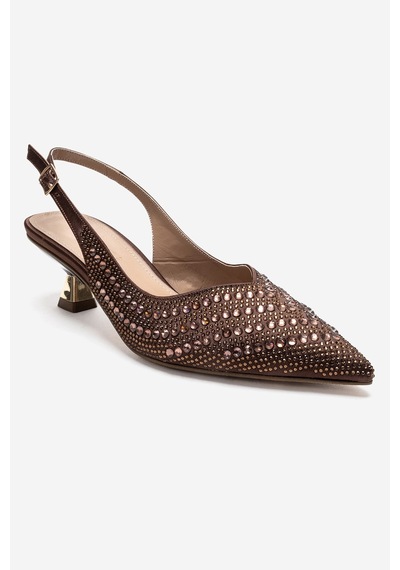 Luvishoes Royale Kahverengi Saten Taşlı Kadın Kısa Topuklu Abiye Ayakkabı