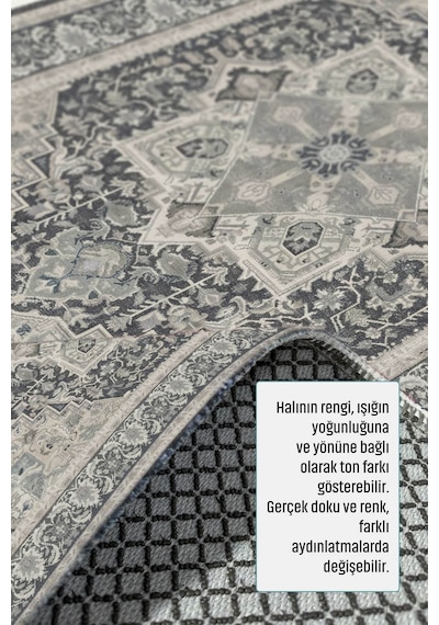 Gri Antrasit Klasik Madalyon Desenli Dekoratif Salon Halısı 3045