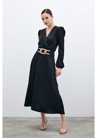 Sateen Bel Aksesuarlı Saten Krep Etek - Siyah-135688 Siyah