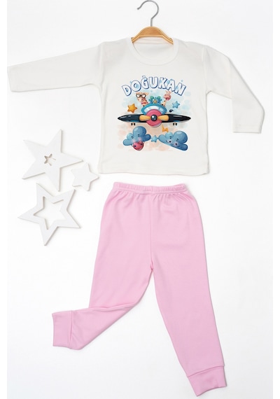 Pia Baby İsimli Erkek Çocuk Pijama Takımı %100 Pamuk Penye İsme Özel Baskılı Kişiselleştirilebilir Pijama Seti 20482p14pi Krem