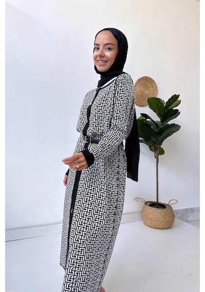 Kahijab Siyah/beyaz Desenli Hırka Siyah