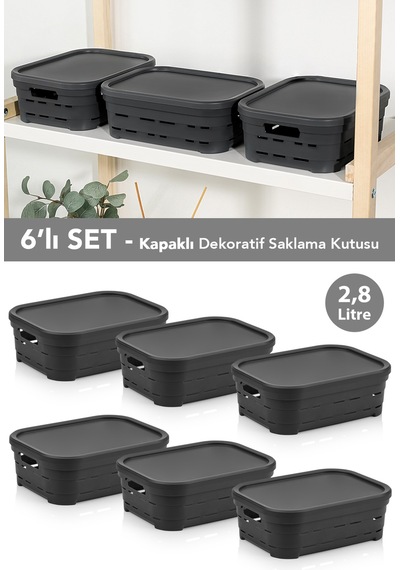 6'lı Kapaklı Delikli Dekoratif Piramit Saklama Kutusu - Dolap Düzenleyici Organizer 2,8 Lt Antrasit Antrasit