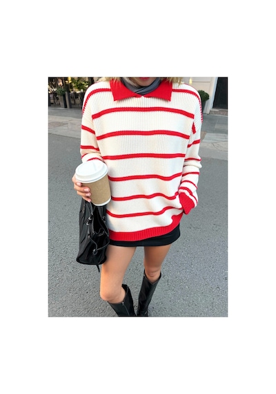 Meecy Selanik Örgü Polo Yaka Oversize Zr Model Kadın Triko Kazak Bej & Kırmızı Bej & Kırmızı Meecy Selanik Örgü Polo Yaka Oversize Zr Model Kadın Triko Kazak Bej & Kırmızı Bej & Kırmızı