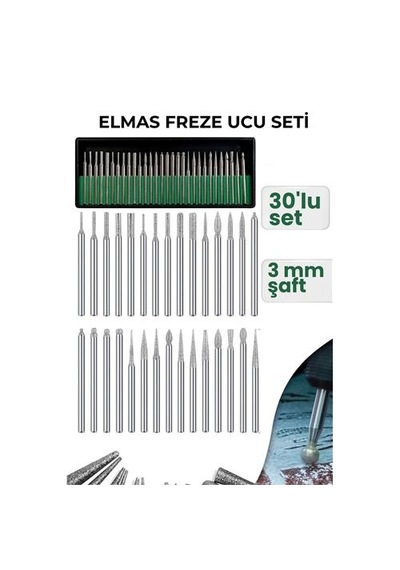 Zenvac 30 Parça Elmas Freze Ucu Seti - 3mm Şaft Profesyonel Gravür, Oyma Ve Hassas Taşlama Seti Zenvac29