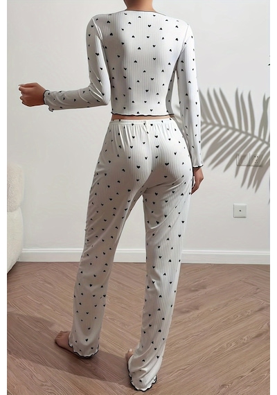 Merry See Kalp Baskılı Uzun Kollu Pijama Takımı Beyaz