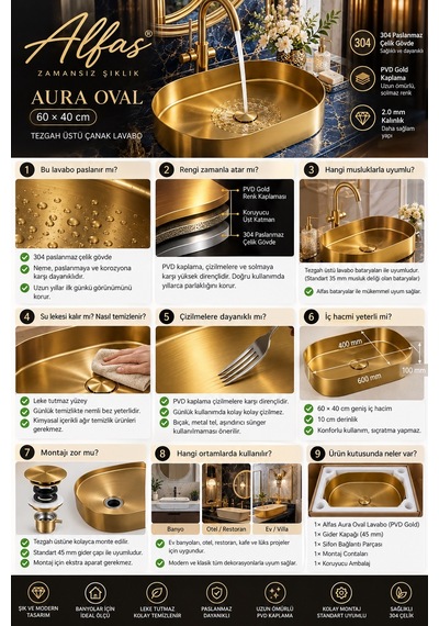 Alfas Aura Oval 60x40cm Pvd Gold Tezgah Üstü Çanak Lavabo 304 Paslanmaz Çelik 2.0mm