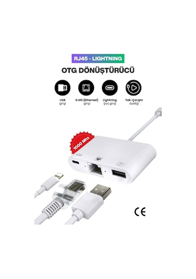 Lightning Otg Dönüştürücü Ethernet Rj45 + Usb Adaptör Apple Uyumlu iPhone Lightning İnternet Dönüştürücü