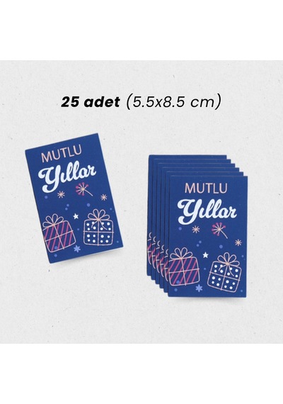 Yılbaşı Mutlu Yıllar Yazılı Hediye Kart Seti, Yeniyıl Paketleme Kartı, 25 Adet-5,5x8.5 Cm, Mavi