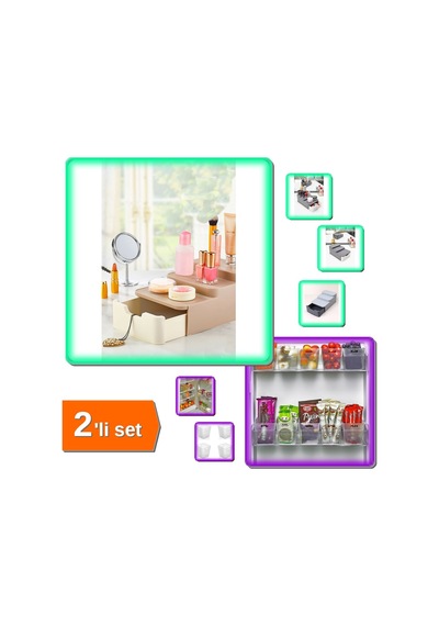 Compact Çekmeceli Ve Standlı Makyaj Organizeri + 6 Adet Buzdolabı İçi Mini Düzenleyici Kutu -2li Set Belirtilmemiş