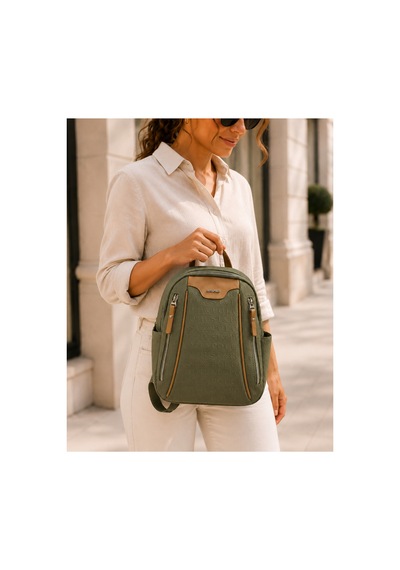 Just Polo Kadın Günlük Kullanıma Uygun Çok Bölmeli Sırt Çantası Ebat : 25 X 30 Cm Shopper Yeşil - Camel