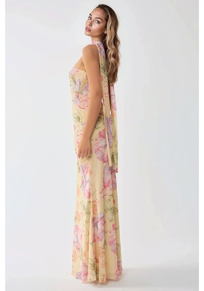 Hiccup Straplez Çiçek Desenli Tül Kuşaklı Bodycon Maxi Elbise Çok renkli