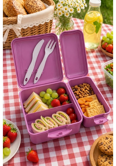 Titiz Takeaway Beslenme Kabı Seti Bölmeli Lunch Box Çatal Bıçak Dahil Bpa Free Çok Renkli