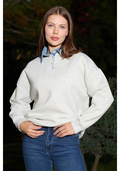 Fullamoda 3 İplik Kot Garnili Gömlek Yaka Oversize Sweatshirt Gri