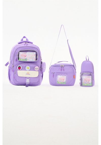 Kawaii 3'lü İlkokul Okul Çantası Seti Lila Kız Çocuk Beslenme Çantalı Kalemlikli Lila Gökkuşağı