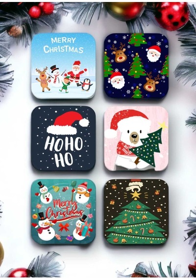 Mutlu Yıllar - Yılbaşı - Yeni Yıl - Merry Christmas Temalı Ahşap Bardak Altlığı Seti 6 Adet-001 Ahşap