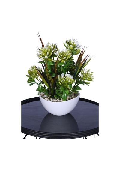 Yapay Çiçek Sitesi Mini Saksıda Yapay Sukulent Bahçesi 26 Cm Beyaz Yeşil