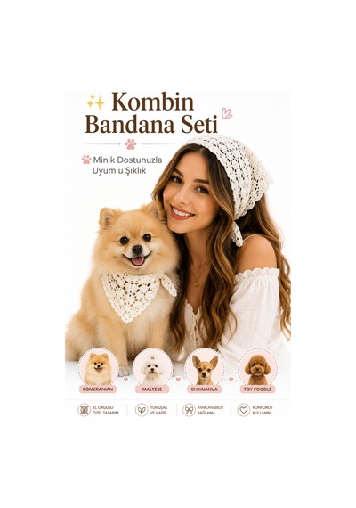 Kadın & Köpek Kombin El Örgüsü Minik Dost Bandana Seti Ayarlanabilir Evcil Hayvan Sahip Kombini Bohem Tasarım Beyaz 37196003