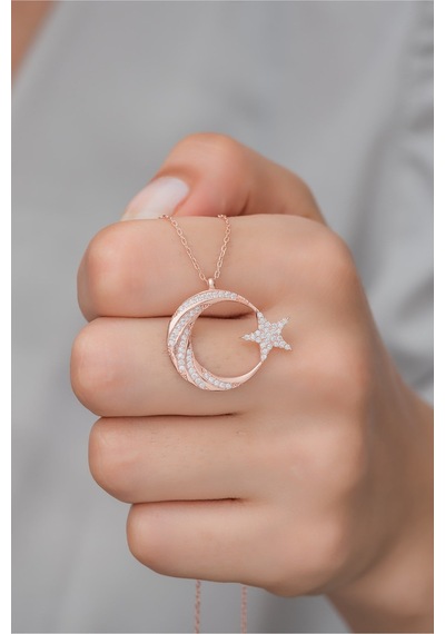 925 Ayar Gümüş Rose Zirkon Taşlı Ayyıldız Kolye Rose Gold