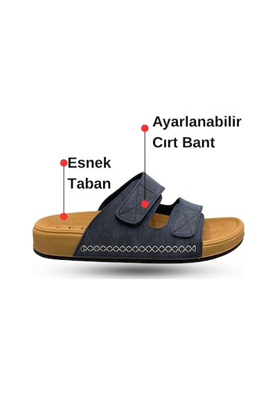 Sermoda Erkek Terlik - Cırtlı Bantlı Rahat Kalın Tabanlı Deri Erkek Terlik Lacivert