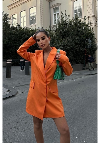 WeShaya Kadın Oranj Kruvaze Dokuma Kısa Elbise Oranj