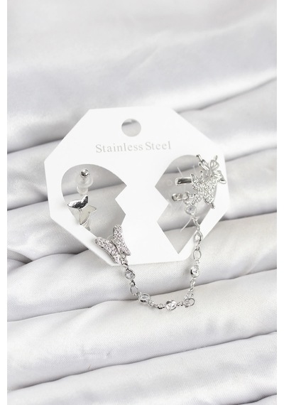 Pirinç Gümüş Renk Kelebek Model Zincir Bağlantılı Ear Cuff Küpe Seti 5886 Çok Renkli