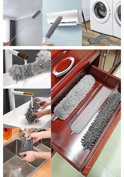 Mikrofiber 3 Başlıklı Anti-statik Toz Alma Fırçası Uzayabilen Saplı Mop Püsküllü Toz Alıcı Silici