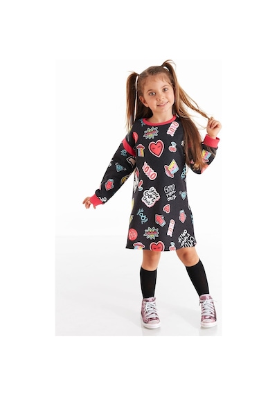 Denokids Mushi Good Vibes Kız Elbise Siyah