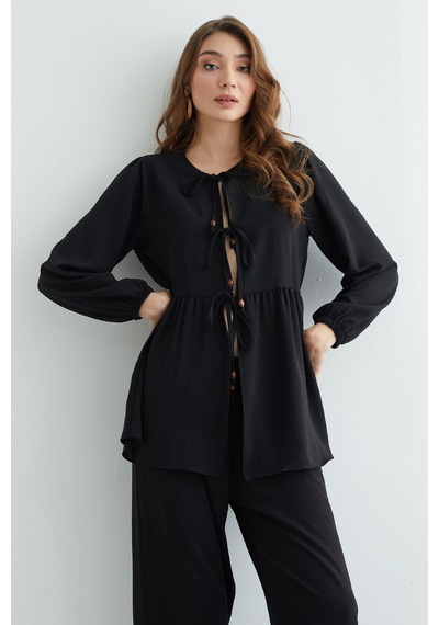 Fullamoda Fullamodest Önü Bağlamalı Ayrobin Kimono 2 Li Takım Siyah