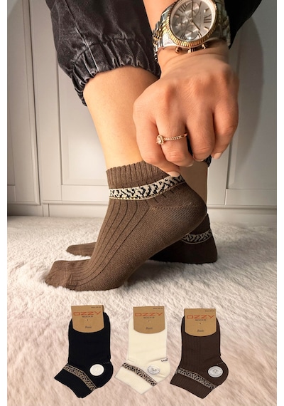 Ozzy Socks 3 Çift Kadın Taş Detaylı Dikişsiz & Takviyeli Patik Çorap Lacivert