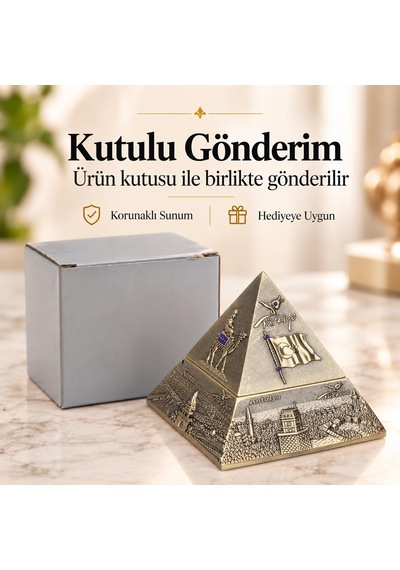Türkiye Temalı Metal Piramit Küllük Tütsülük Takı Kutusu Kapaklı Dekoratif Hediyelik 10x10 Cm