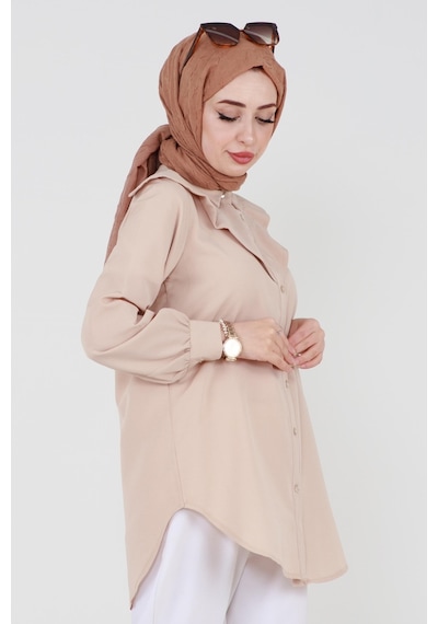 Sevitli Yakası Kat Detaylı Poplin Tunik-bej-3519-bej Bej