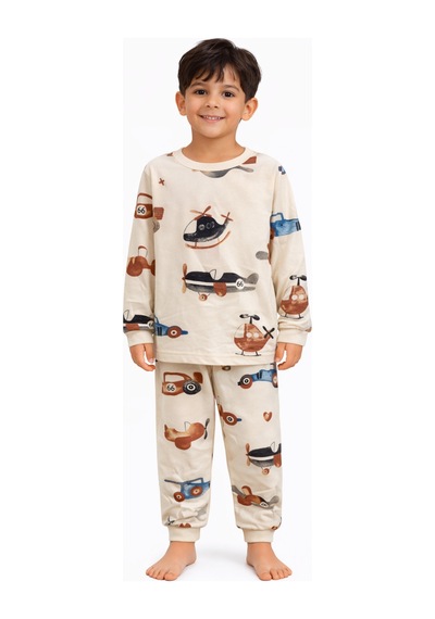 Mini Stella Kids Uçak Desenli Erkek Çocuk Pijama Takımı Bej