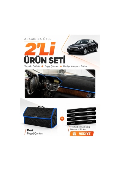 E-biz Mercedes W212 2010-2013 Uyumlu Torpido Örtüsü + Deri Bagaj Çantası Seti - Siyah-mavi - Mb014